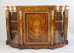 A Victorian burr walnut marquetry inlaid and ormolu mounted credenza, with glazed bow end doors