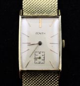 A gentleman`s stylish 18ct gold Zenith manual wind wrist watch, with rectangular dial, baton