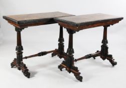 A pair of Victorian burr walnut and ebony Etruscan revival folding card tables, each with a