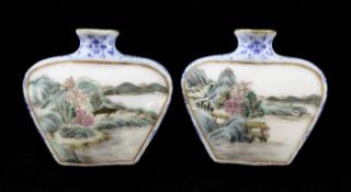 A pair of Chinese famille rose `landscape` snuff bottles, Qianlong marks, 1820-50, each of spade