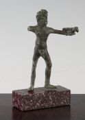 A small Roman bronze figure of Jupiter, 2nd century AD, depicted holding a bird in his left hand, on