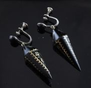 A pair of 19th century tortoiseshell, gold and silver pique drop earrings, of conical form, with