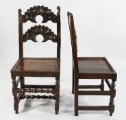 A harlequin set of twelve 17th century Derbyshire carved oak dining chairs, each with crescent