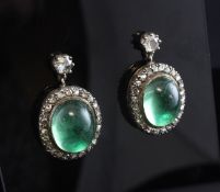 A pair of 19th century gold and silver, green cabochon and diamond set drop earrings, of oval