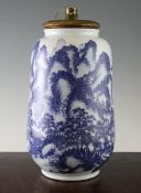 A Chinese blue and white vase, 20th century, of waisted form painted with pavilions in a mountainous