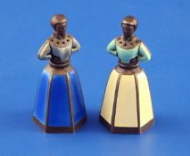 A pair of 20th century Norwegian novelty sterling silver and polychrome enamel figural pepperettes