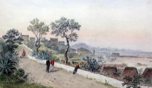 Carl Goebel (1824-1899)pencil and watercolour,Gibraltar from the Botanic Gardens looking towards