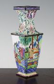 A Chinese Canton enamel square baluster vase, 19th century, painted with figures amid pavilions, a