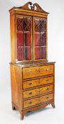 A Sheraton revival marquetry inlaid satinwood and rosewood crossbanded secretaire bookcase,