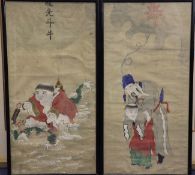 Two Chinese paintings on silk of immortals, 19th century, the first of Liu Hai riding his three