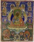 A Tibetan painted silk thangka of Padmasambhava, late 19th century, surrounded by his acolytes on