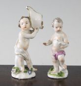 Two Meissen porcelain figures of cherubs, c.1755-65, both standing on flower encrusted stumpwork