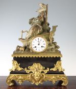 A 19th century French bronze and ormolu mounted black marble mantel clock, surmounted with a