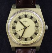 A gentleman`s early 1970`s gold plated and stainless steel Omega Automatic wrist watch, with baton