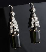 A pair of white and yellow gold, green tourmaline and diamond drop earrings, set with rectangular