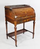 A late Victorian rosewood and marquetry inlaid cylinder bureau, with fitted interior and slide out
