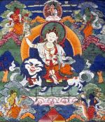 A Tibetan painted silk thangka of White Tara, c.1800, depicted riding a Buddhist lion on a lotus