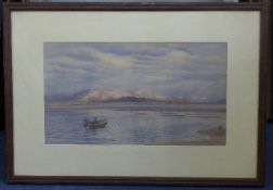 Henry Moore (1831-1895)watercolour,Fishermen off a Scottish isle,signed and dated 1875,12 x 21in.