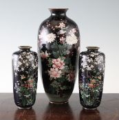 A pair of Japanese silver wire cloisonne enamel vases, and a larger Japanese cloisonne enamel