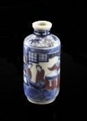 A Chinese underglaze blue and copper red snuff bottle, Yongzheng mark, 1830-1900, painted with