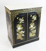 A Regency black japanned and parcel gilt two door side cabinet, with grey veined marble top, blind