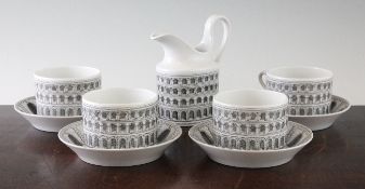 Four Fornasetti Architettura coffee cans and saucers, late 20th century, the coffee cans of squat