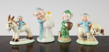 Four Shelley Mabel Lucie Attwell figures of Boo Boo Pixies, c.1940, comprising a pixie on a dog