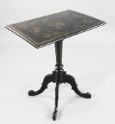 A 19th century lacquered occasional table, the rectangular Chinese panel top on a tapering octagonal
