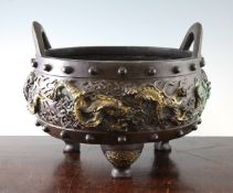 A large Chinese bronze drum-shaped censer, Xuande engraved mark, 19th century, the central band cast