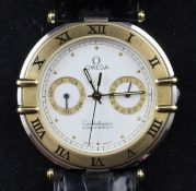 A gentleman`s gold plated and steel Omega Constellation calendar quartz wrist watch, with Roman