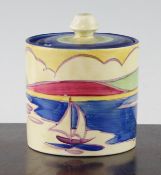 A Clarice Cliff `Gibraltar` pattern cylindrical preserve pot and cover, c.1930, stamped Clarice