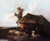 Attributed to Thomas Sidney Cooper (1803-1902)oil on canvas,Cattle and sheep beside a thatched