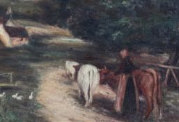 Edward Stott (1859-1918)oil on wooden panel,Cattle drover in a landscape,8.5 x 12.5in.