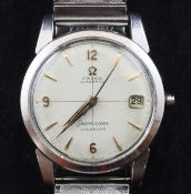 A gentleman`s 1950`s stainless steel Omega Seamaster Calendar automatic wrist watch, the cream