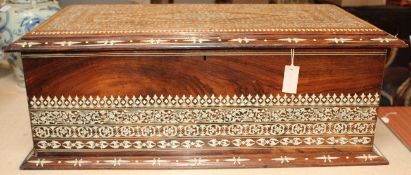 An Indian ivory inset hardwood coffer, decorated with birds and flowering scrolls, 3ft 4in.