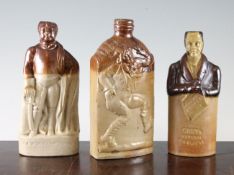 Three figural stoneware flasks, c.1830-40, the first depicting HRH Duke of York, impressed mark to