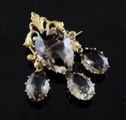 A late Victorian gold and smoky quartz drop pendant brooch, set with oval and teardrop shaped