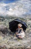 Robert Gemmel Hutchinson (1855-1936)oil on canvas,Girl sheltering beneath an umbrella,signed,9.5 x