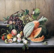 Giovanni Estienne (1848-?)oil on canvas,Trompe L`Oeil study, Still life of fruit on a ledge,signed