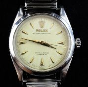 A gentleman`s late 1940`s stainless steel Rolex Oyster Perpetual wrist watch, with baton numerals,