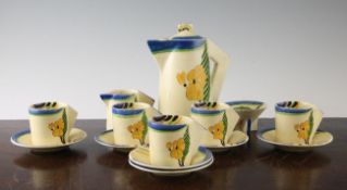 A Clarice Cliff Lodore pattern part coffee service c.1930 comprising a coffee pot and cover, milk