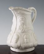 A Crimean 1856 `Peace Conference` parian jug, relief moulded with portraits of various