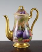 A small Royal Worcester fruit-painted coffee pot and cover, c.1919, the body painted by Albert Shuck