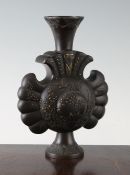 A Japanese inlaid bronze vase, Meiji period, in the form of a bird mon, the front cast in relief