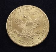 A US 1907 gold 10 dollars, new style coronet head with motto, EF if not better