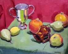 Philip Naviasky (1894-1983)oil on canvas,Still life of fruit and vessels on a table top,signed,16