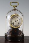 A 19th century French brass and marquetry dome clock, with carrying handle, silvered Roman dial