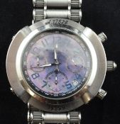 A gentleman`s stainless steel Montega chronograph automatic wrist watch, with paua shell Arabic dial