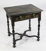A William and Mary black japanned and parcel gilt side table, with single drawer, on turned supports