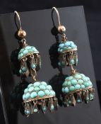 A pair of 19th century gold and turquoise set two tier "chandelier" drop earrings, each with trapeze